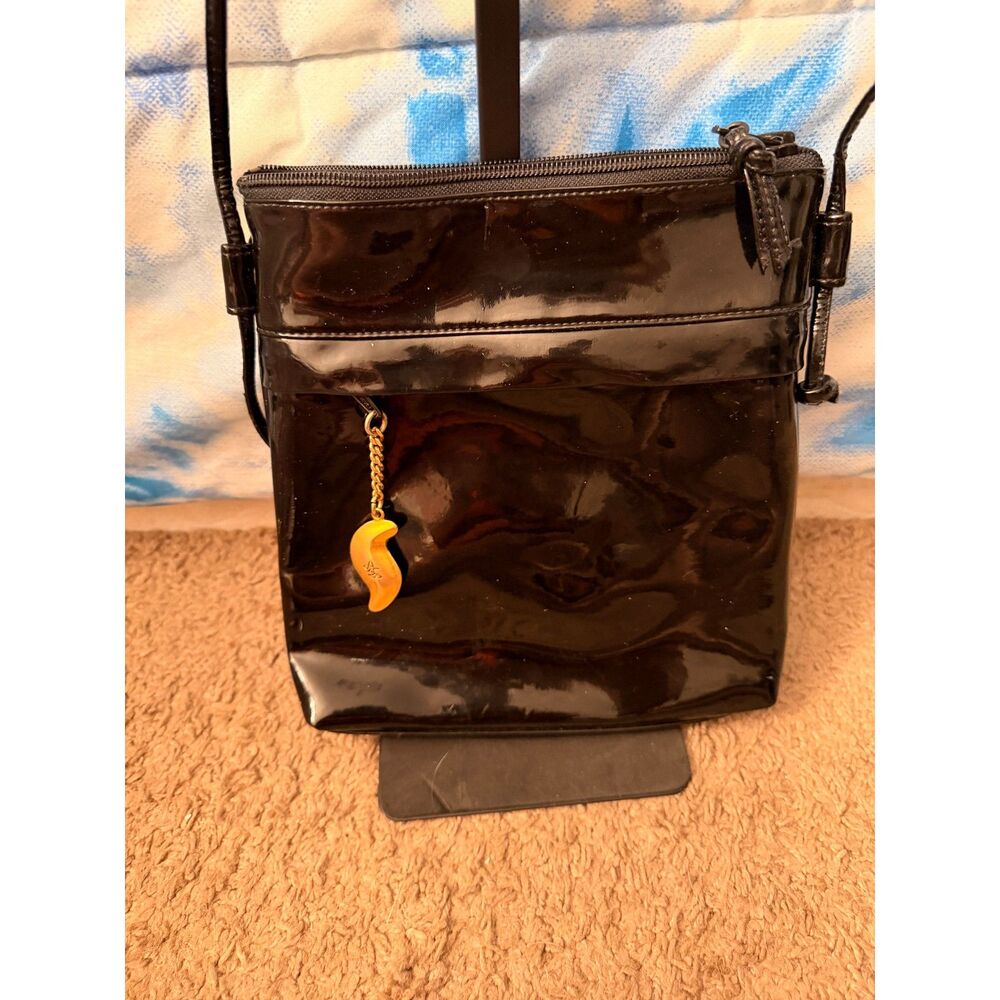 Americana by Sharif Black Patent Crossbody Bag with Signature Gold Charm Pocket